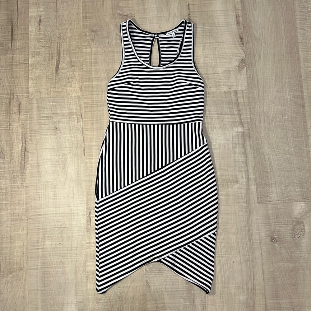 Black and white striped racerback bandage mini dress with asymetrical hemline